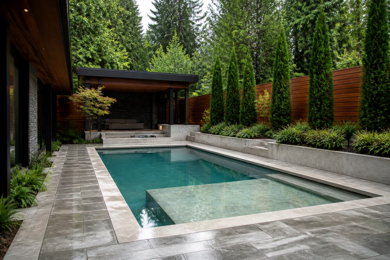 Architectural courtyard pool concept surrounded by cedar and greenery