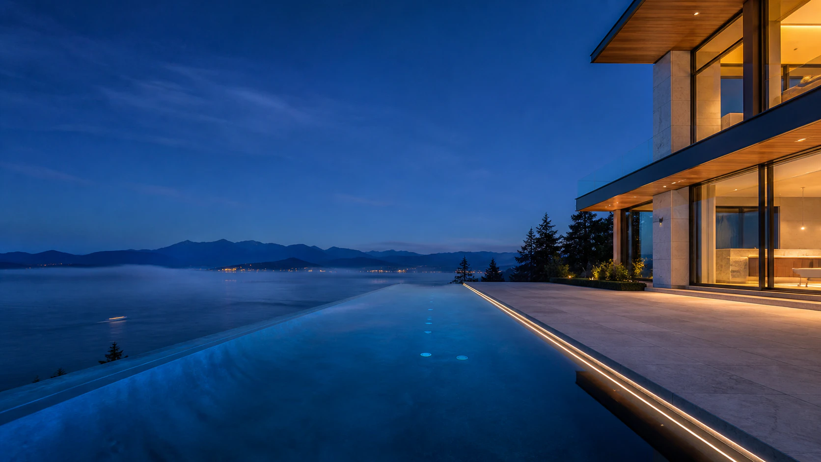 Concept visualization of an architectural infinity pool overlooking the West Vancouver coastline at dusk
